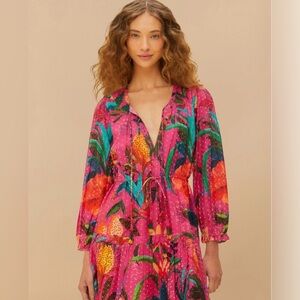 Bright Pink Tropical Print V-Neck Dress